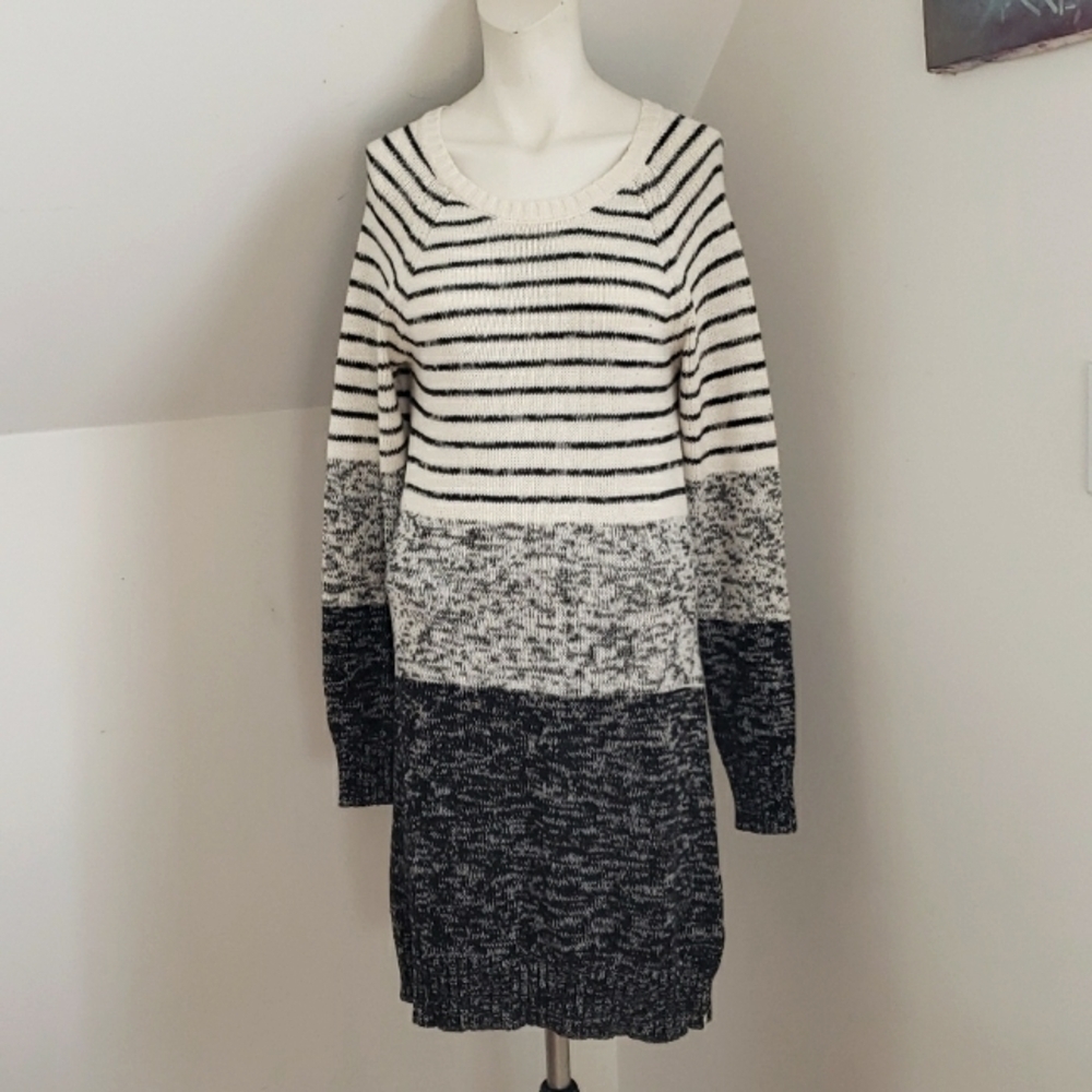 Roxy Wome Knit Sweater Dress White/Gray Heather Striped Long-sleeve, Size L